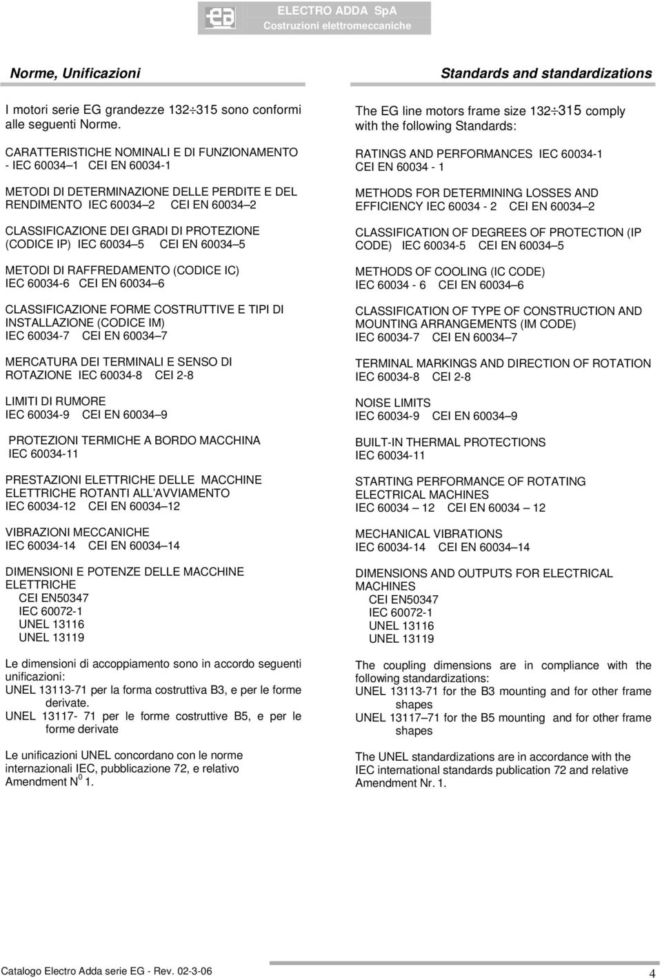 (CODICE IP) IEC 60034 5 CEI EN 60034 5 METODI DI RAFFREDAMENTO (CODICE IC) IEC 60034-6 CEI EN 60034 6 CLASSIFICAZIONE FORME COSTRUTTIVE E TIPI DI INSTALLAZIONE (CODICE IM) IEC 60034-7 CEI EN 60034 7