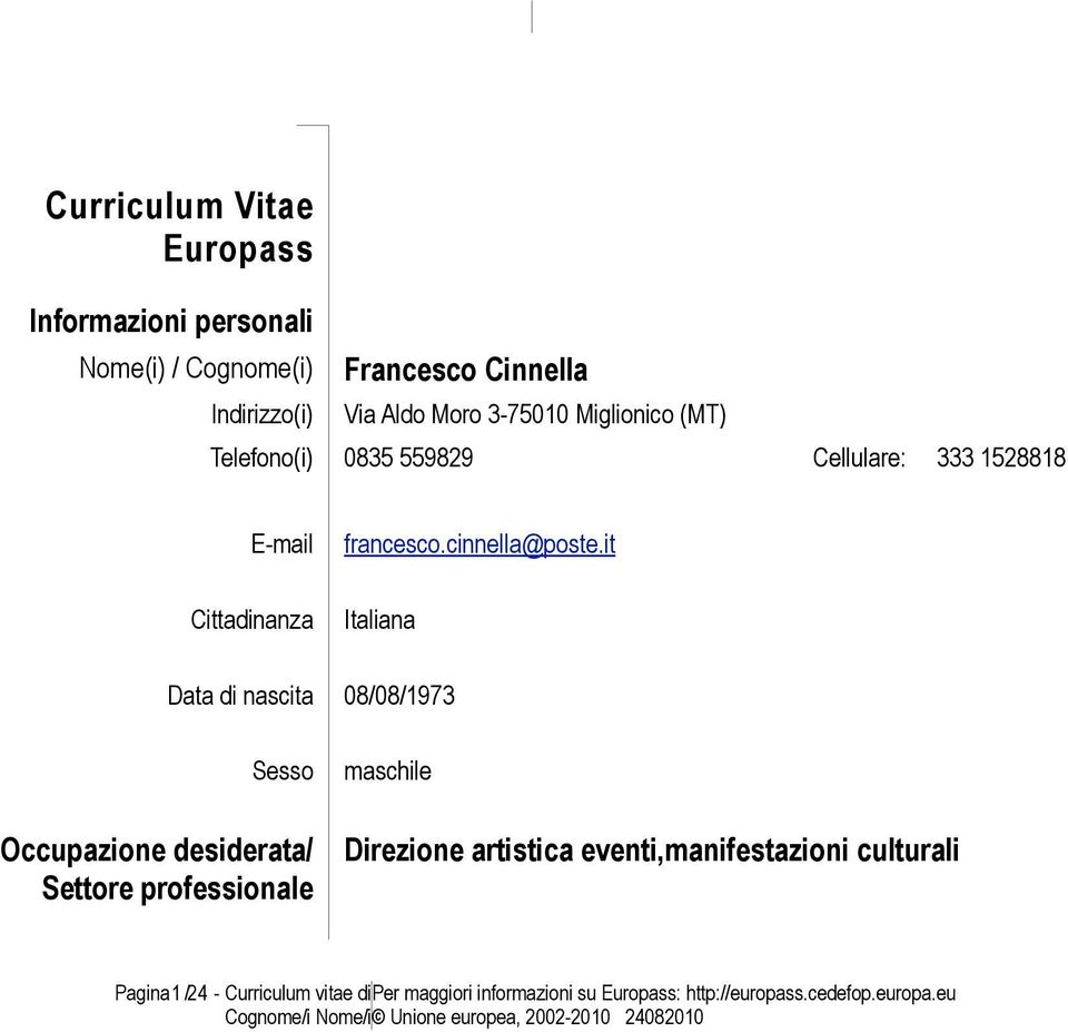 it Italiana Data di nascita 08/08/1973 Sesso Occupazione desiderata/ Settore professionale maschile Direzione artistica