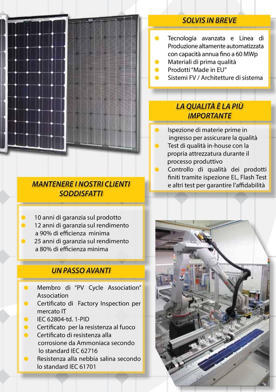 processo produttivo Controllo di qualità dei prodotti finiti tramite ispezione EL, Flash Test e altri test per garantire l affidabilità 10 anni di garanzia sul prodotto 12 anni di garanzia sul