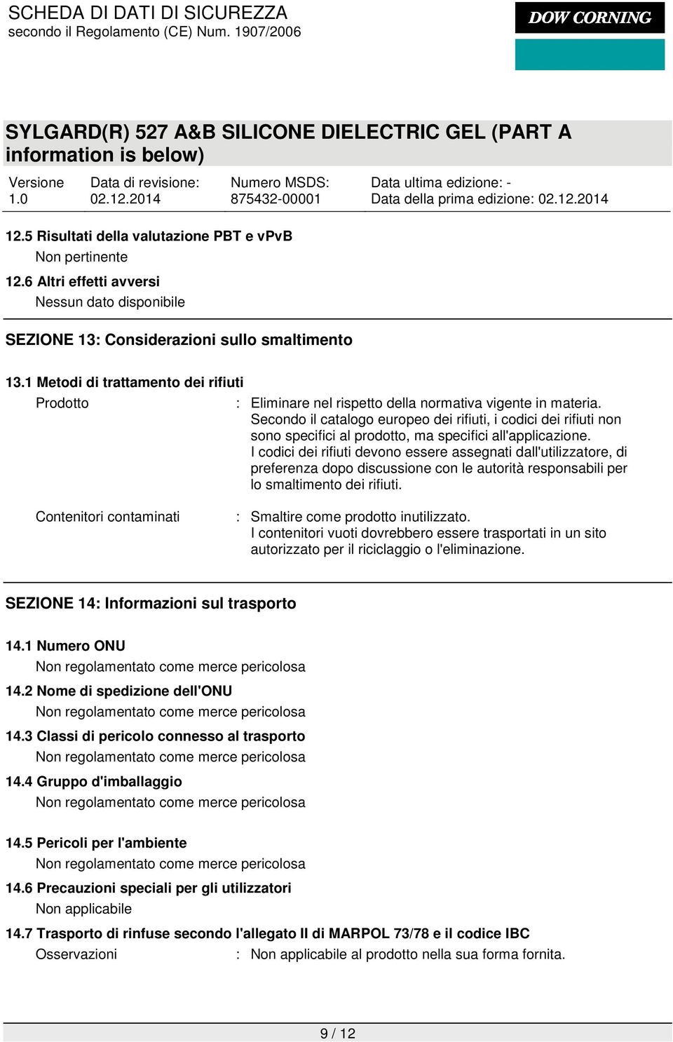 Secondo il catalogo europeo dei rifiuti, i codici dei rifiuti non sono specifici al prodotto, ma specifici all'applicazione.