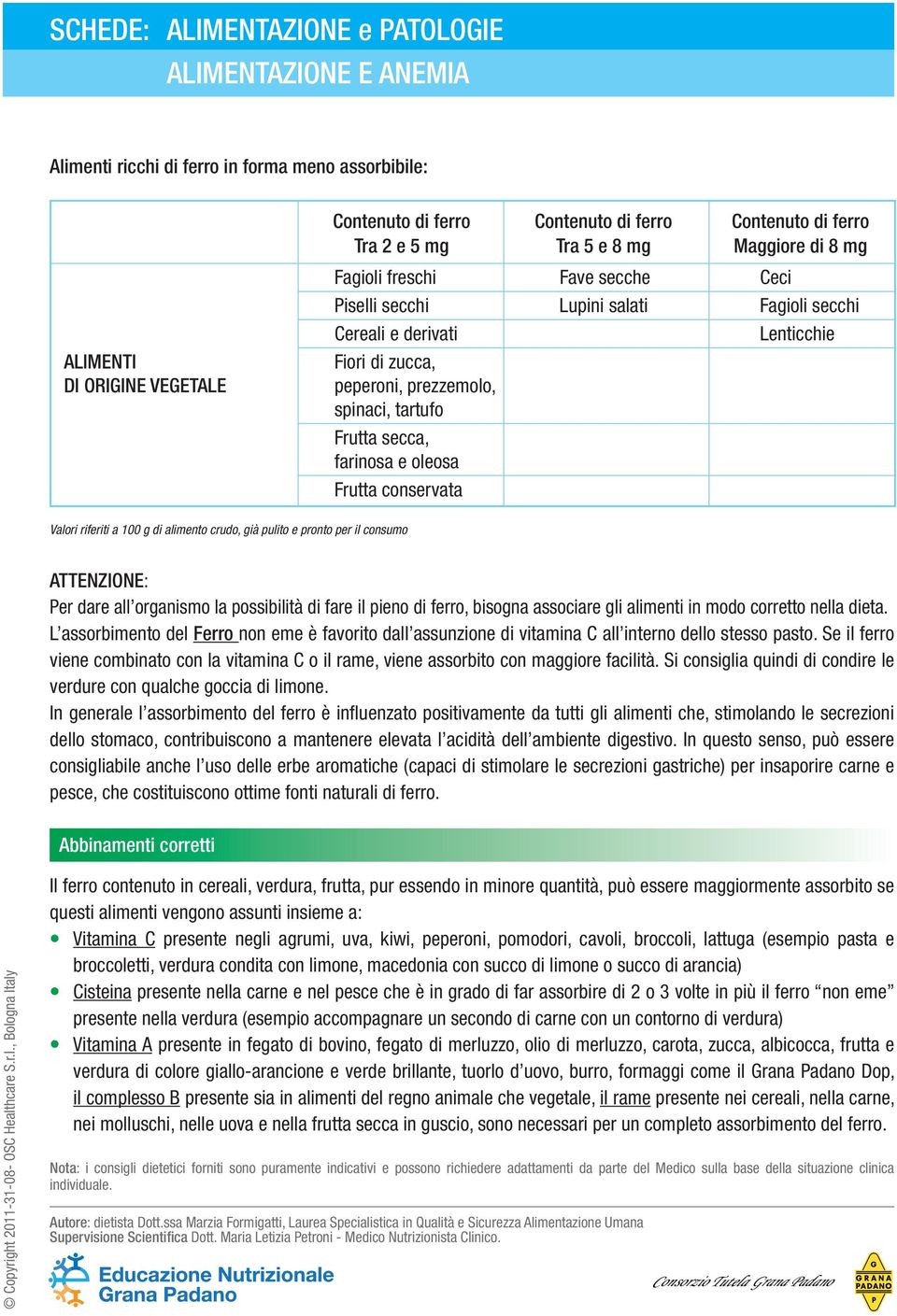 Valori riferiti a 100 g di alimento crudo, già pulito e pronto per il consumo ATTENZIONE: Per dare all organismo la possibilità di fare il pieno di ferro, bisogna associare gli alimenti in modo