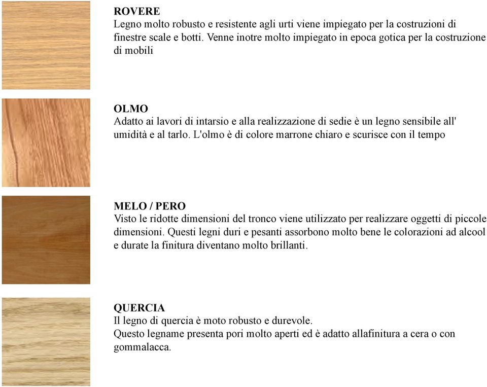 L'olmo è di colore marrone chiaro e scurisce con il tempo MELO / PERO Visto le ridotte dimensioni del tronco viene utilizzato per realizzare oggetti di piccole dimensioni.