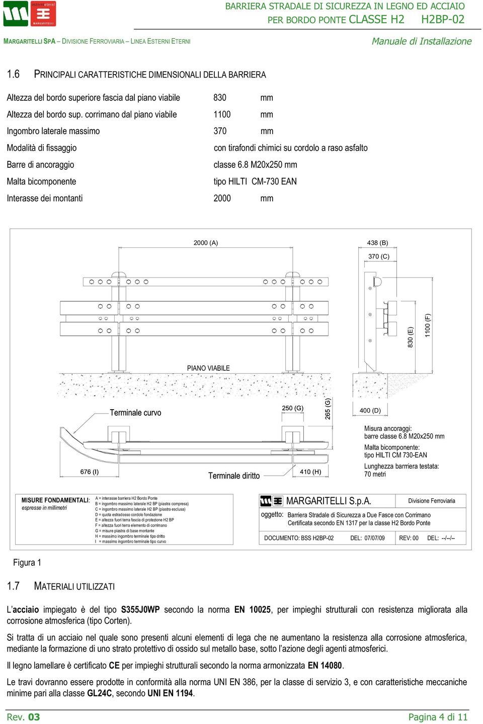 corrimano dal piano viabile 1100 mm Ingombro laterale massimo 370 mm Modalità di fissaggio con tirafondi chimici su cordolo a raso asfalto Barre di ancoraggio classe 6.