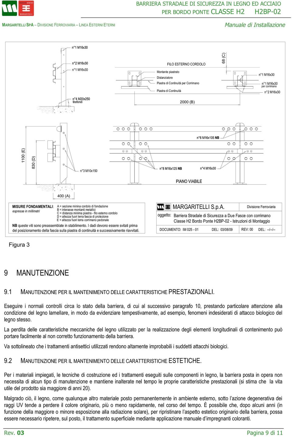 fondazione espresse in millimetri B = interasse montanti metallici C = distanza minima piastra - filo esterno cordolo D = altezza fuori terra fascia di protezione E = altezza fuori terra corrimano