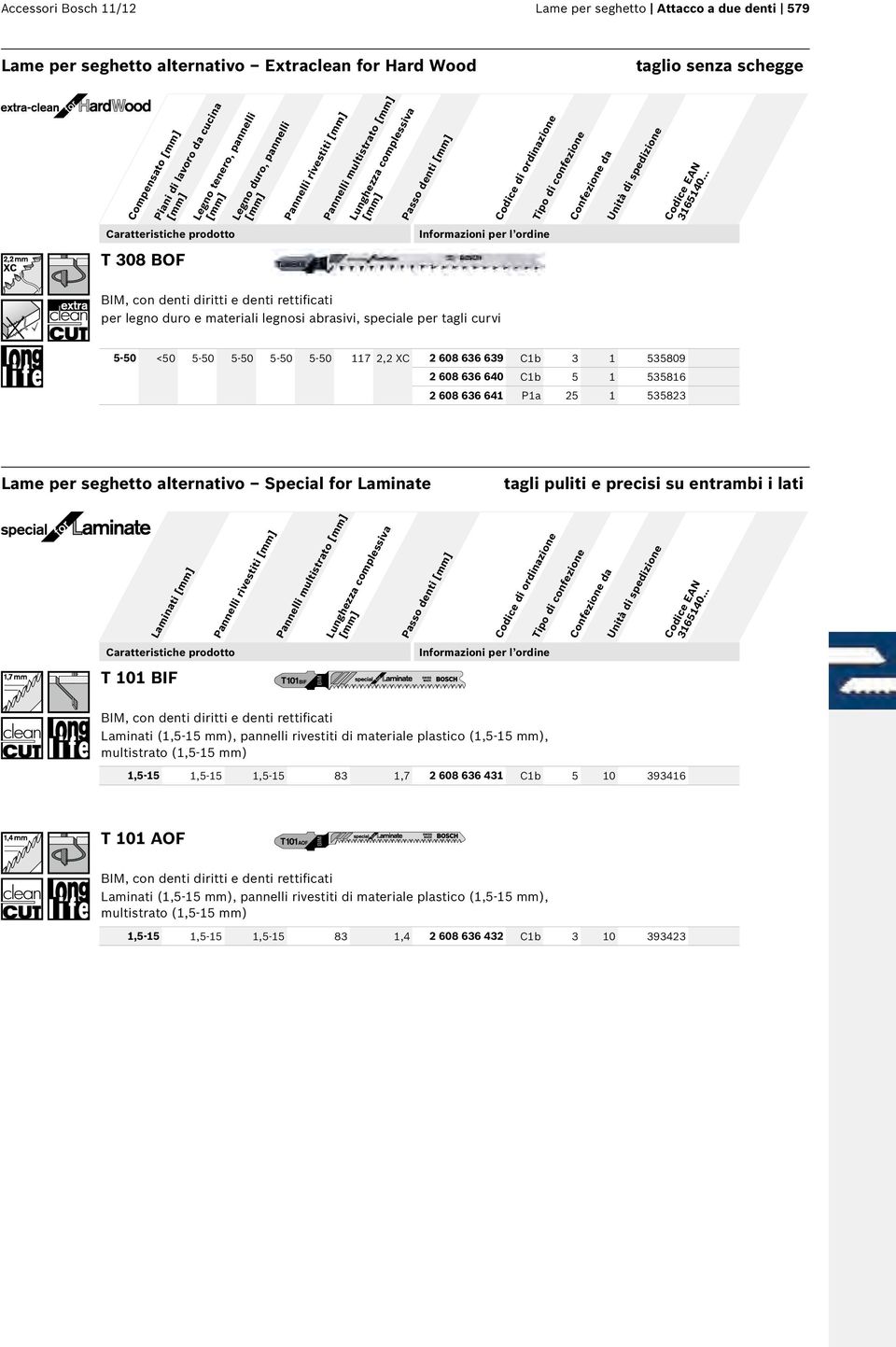 5-50 <50 5-50 5-50 5-50 5-50 7 2,2 XC 2 608 636 639 Cb 3 535809 2 608 636 640 Cb 5 53586 2 608 636 64 Pa 25 535823 Lame per seghetto alternativo Special for Laminate tagli puliti e precisi su