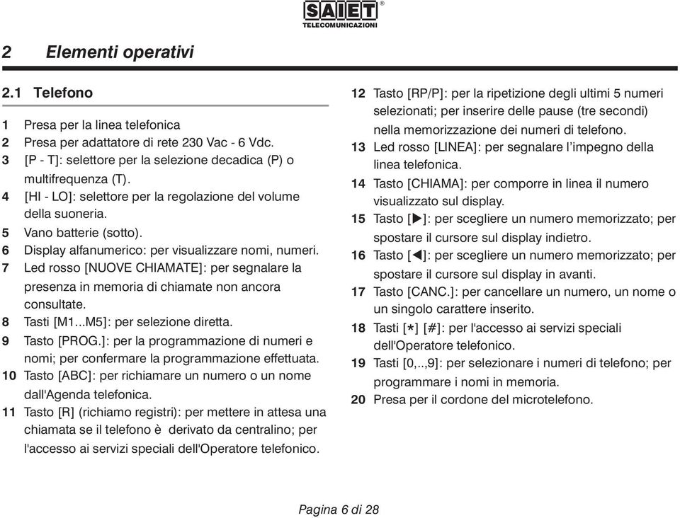 7 Led rosso [NUOVE CHIAMATE]: per segnalare la presenza in memoria di chiamate non ancora consultate. 8 Tasti [M1...M5]: per selezione diretta. 9 Tasto [PROG.