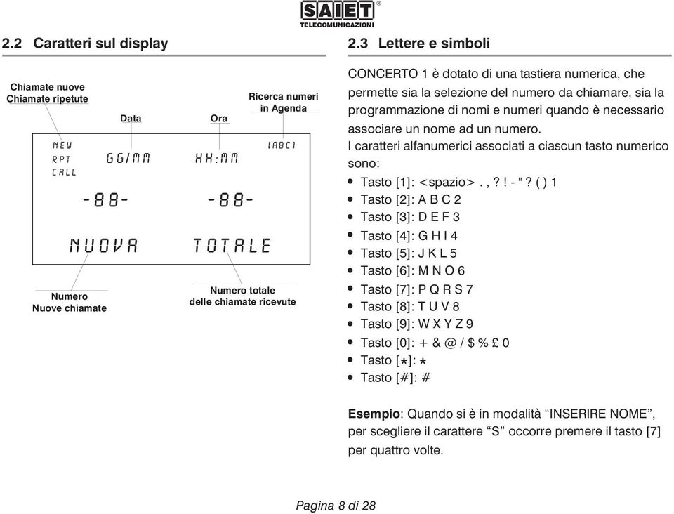 ricevute CONCERTO 1 è dotato di una tastiera numerica, che permette sia la selezione del numero da chiamare, sia la programmazione di nomi e numeri quando è necessario associare un nome ad un numero.