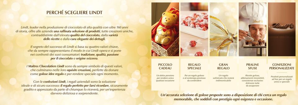 Il segreto del successo di Lindt si basa su quattro valori chiave, che da sempre rappresentano il modo in cui Lindt opera e si pone nei confronti dei suoi consumatori: tradizione, qualità, passione