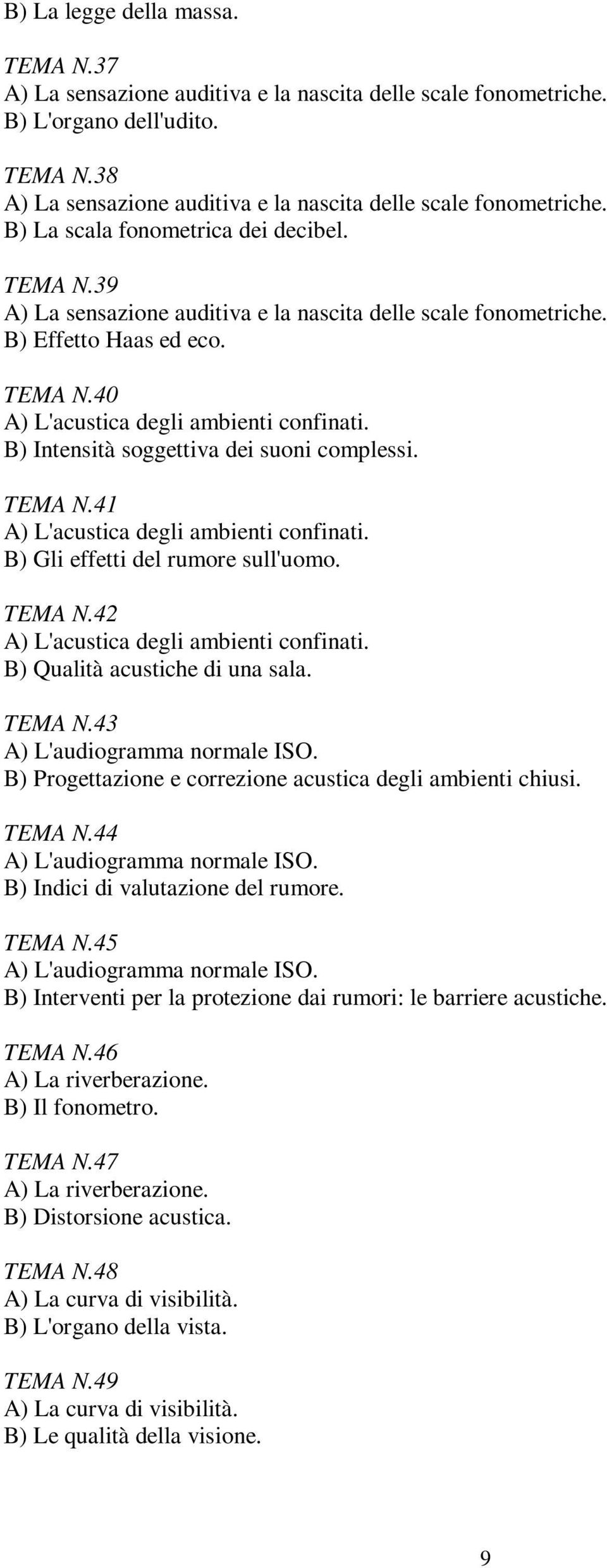 B) Intensità soggettiva dei suoni complessi. TEMA N.41 A) L'acustica degli ambienti confinati. B) Gli effetti del rumore sull'uomo. TEMA N.42 A) L'acustica degli ambienti confinati.