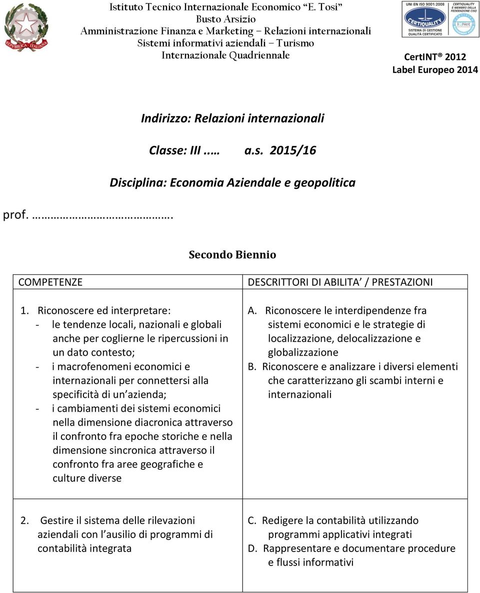 internazionali Classe: III.. a.s. 2015/16 Disciplina: Economia Aziendale e geopolitica prof.. Secondo Biennio COMPETENZE 1.