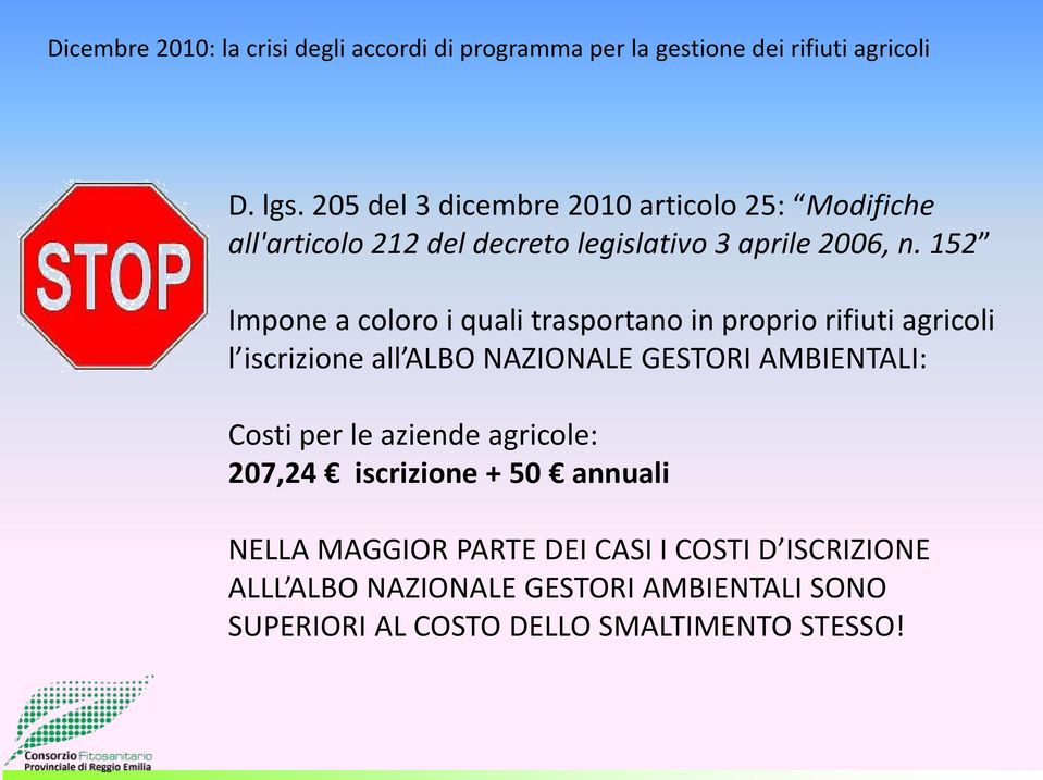 152 Impone a coloro i quali trasportano in proprio rifiuti agricoli l iscrizione all ALBO NAZIONALE GESTORI AMBIENTALI: Costi per