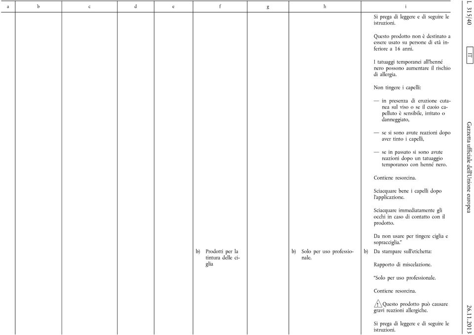 Da non usare per tingere ciglia e sopracciglia. b) Da stampare sull'etichetta: Solo per uso professionale.