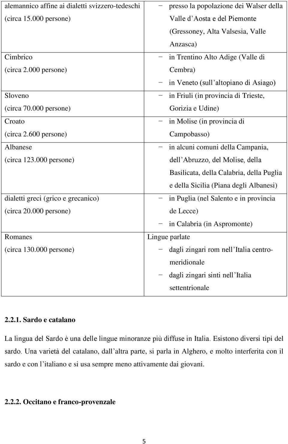 000 persone) presso la popolazione dei Walser della Valle dʼaosta e del Piemonte (Gressoney, Alta Valsesia, Valle Anzasca) in Trentino Alto Adige (Valle di Cembra) in Veneto (sullʼaltopiano di