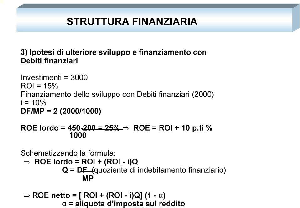 lordo = 450-200 = 25% ROE = ROI + 10 p.