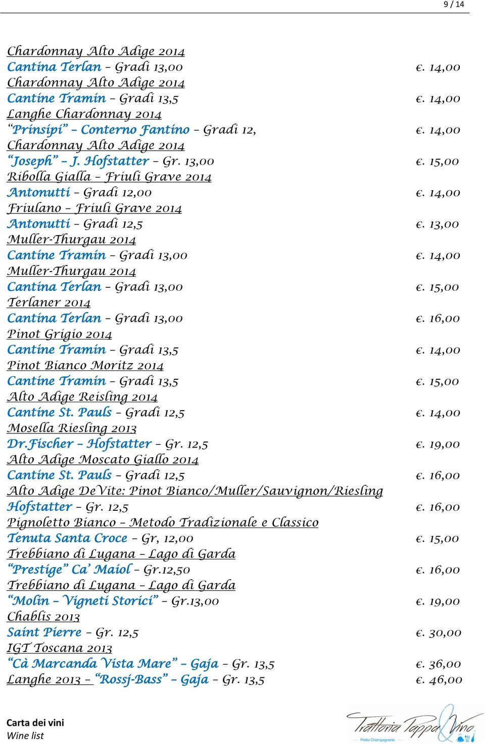 13,00 Muller-Thurgau 2014 Cantine Tramin Gradi 13,00. 14,00 Muller-Thurgau 2014 Cantina Terlan Gradi 13,00. 15,00 Terlaner 2014 Cantina Terlan Gradi 13,00.