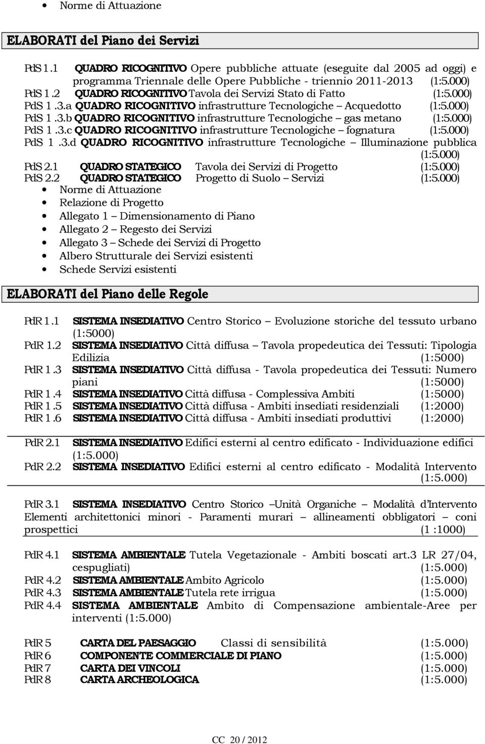 2 QUADRO RICOGNITIVO Tavola dei Servizi Stato di Fatto PdS 1.3.a QUADRO RICOGNITIVO infrastrutture Tecnologiche Acquedotto PdS 1.3.b QUADRO RICOGNITIVO infrastrutture Tecnologiche gas metano PdS 1.3.c QUADRO RICOGNITIVO infrastrutture Tecnologiche fognatura PdS 1.