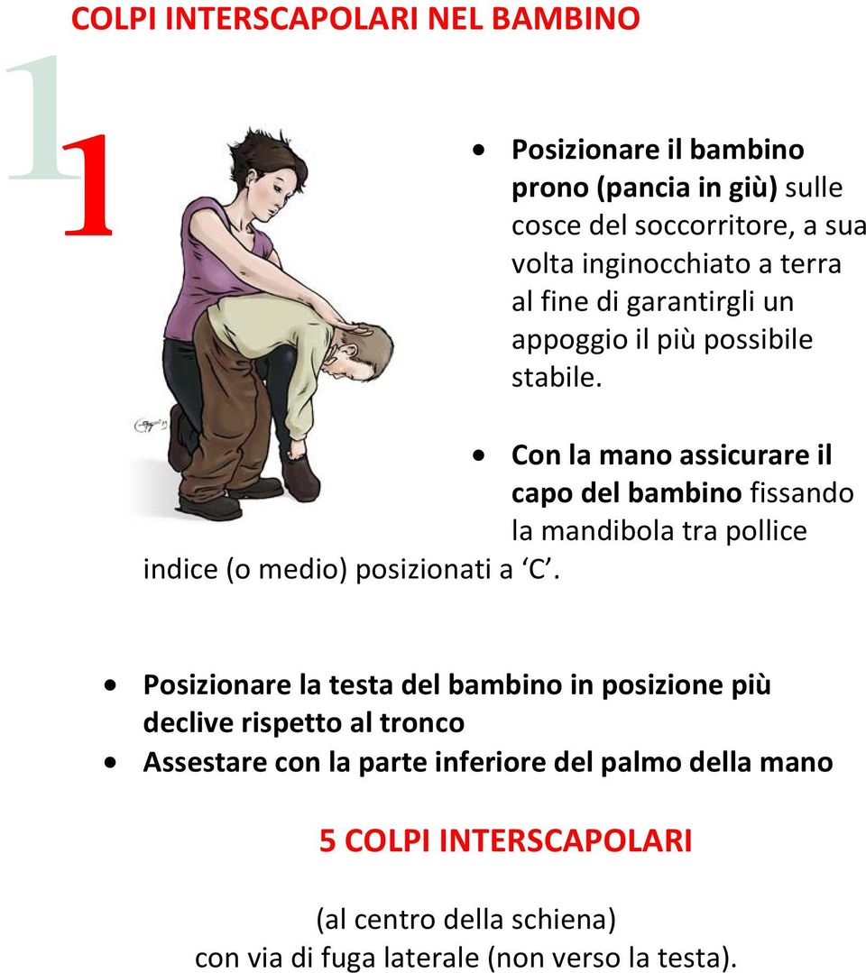 Con la mano assicurare il capo del bambino fissando la mandibola tra pollice indice (o medio) posizionati a C.