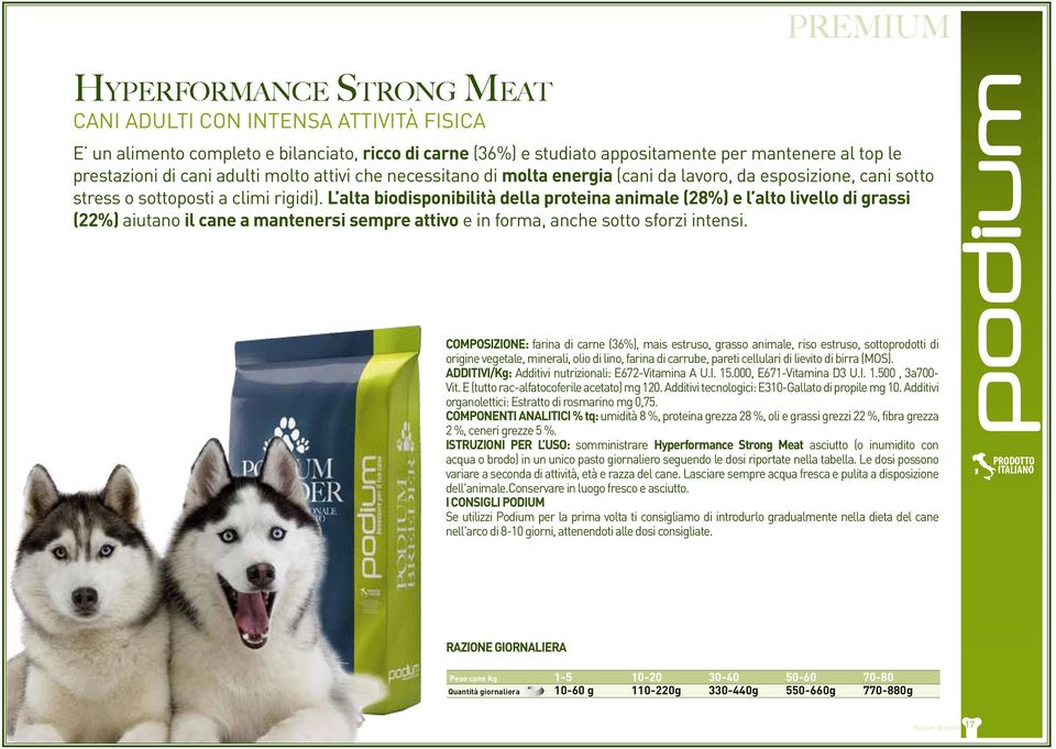 L alta biodisponibilità della proteina animale (28%) e l alto livello di grassi (22%) aiutano il cane a mantenersi sempre attivo e in forma, anche sotto sforzi intensi.