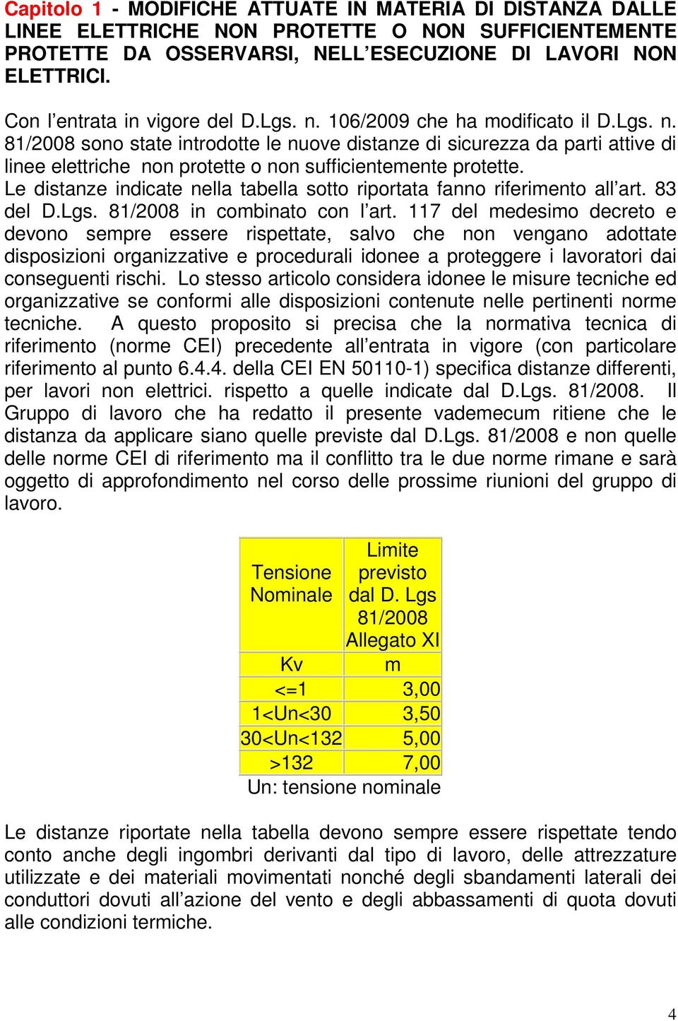 Le distanze indicate nella tabella sotto riportata fanno riferimento all art. 83 del D.Lgs. 81/2008 in combinato con l art.