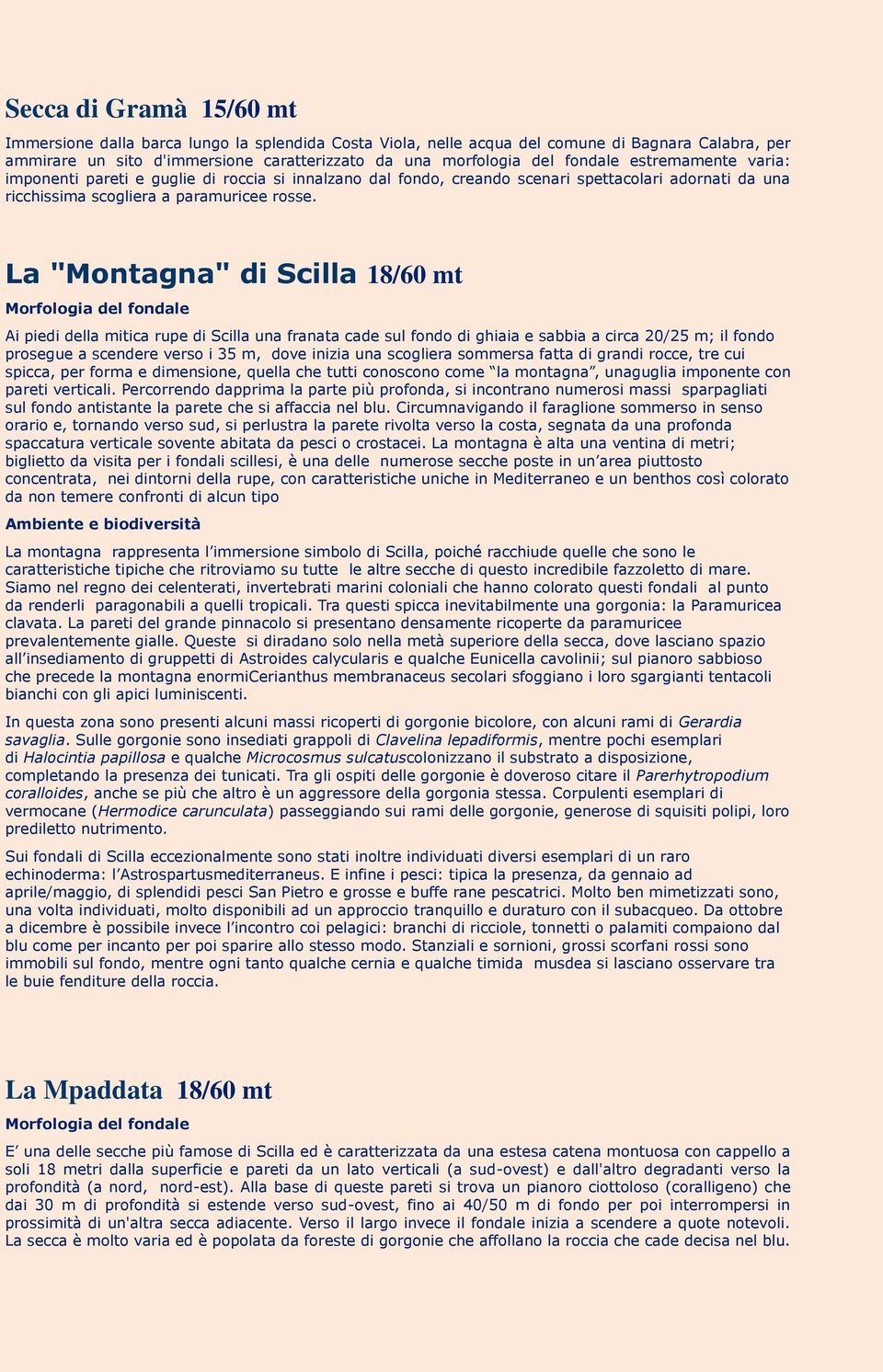 La "Montagna" di Scilla 18/60 mt Ai piedi della mitica rupe di Scilla una franata cade sul fondo di ghiaia e sabbia a circa 20/25 m; il fondo prosegue a scendere verso i 35 m, dove inizia una