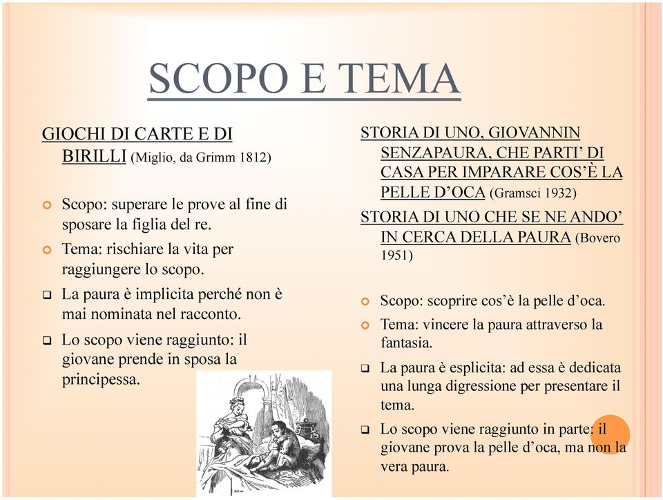 STORIA DI UNO, GIOVANNIN SENZAPAURA, CHE PARTI DI CASA PER IMPARARE COS È LA PELLE D OCA (Gramsci 1932) STORIA DI UNO CHE SE NE ANDO IN CERCA DELLA PAURA (Bovero 1951) Scopo: scoprire