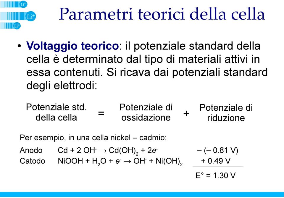 della cella = Potenziale di ossidazione + Potenziale di riduzione Per esempio, in una cella nickel cadmio: