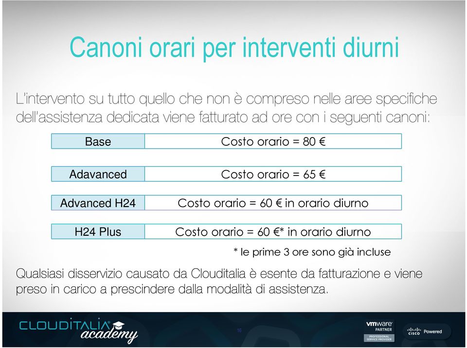 Plus Costo orario = 60 in orario diurno Costo orario = 60 * in orario diurno * le prime 3 ore sono già incluse Qualsiasi