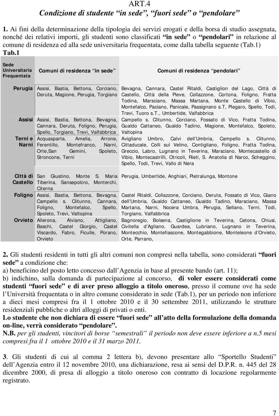 comune di residenza ed alla sede universitaria frequentata, come dalla tabella seguente (Tab.1) Tab.