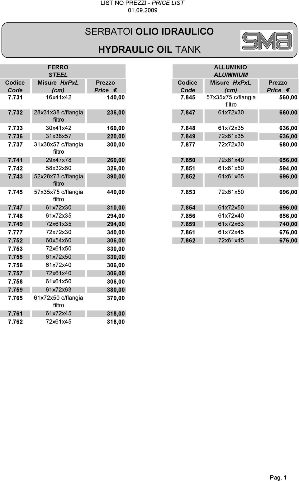 850 72x61x40 656,00 7.742 58x32x60 326,00 7.851 61x61x50 594,00 7.743 52x28x73 c/flangia 390,00 7.852 61x61x65 696,00 filtro 7.745 57x35x75 c/flangia 440,00 7.853 72x61x50 696,00 filtro 7.