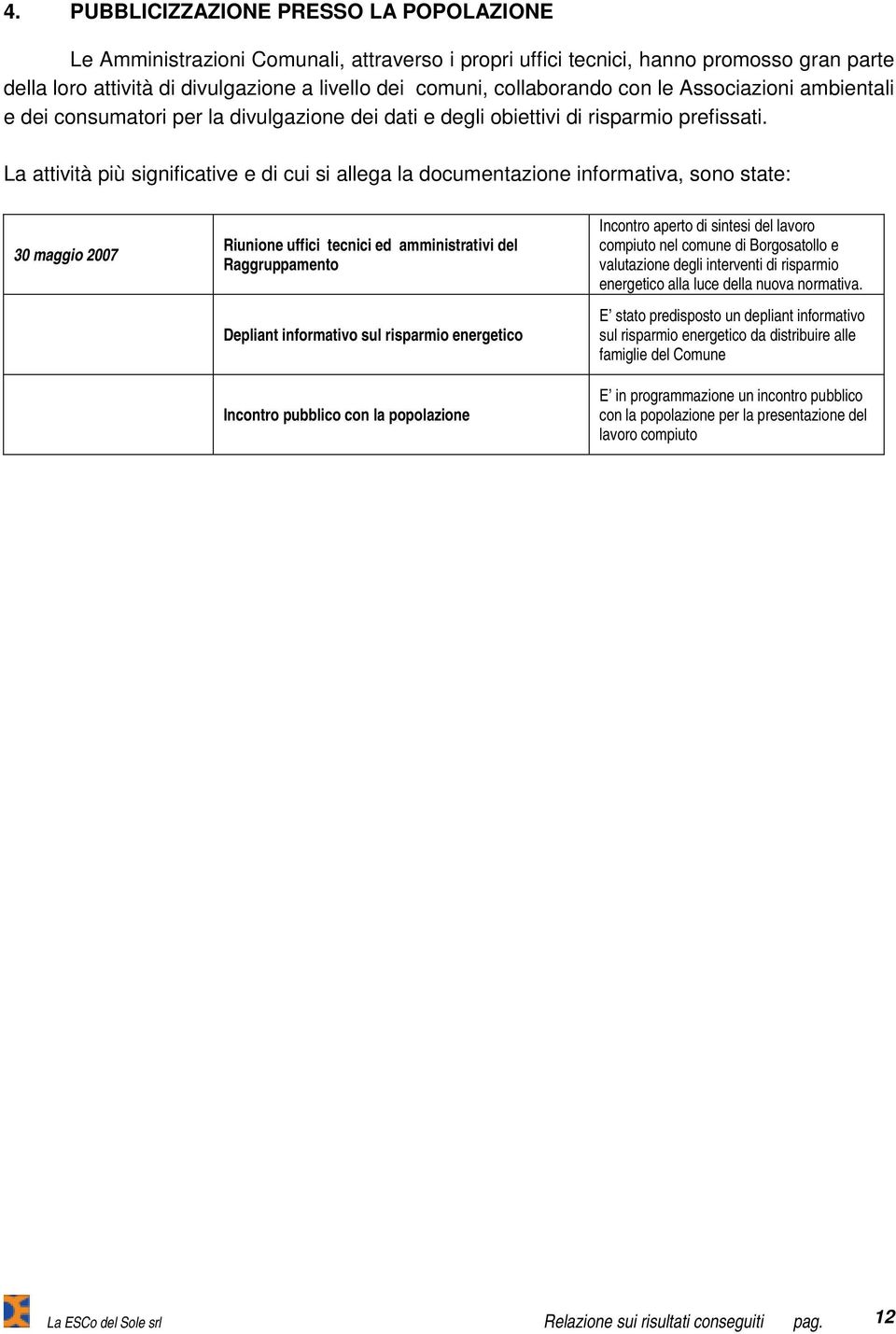 La attività più significative e di cui si allega la documentazione informativa, sono state: 30 maggio 2007 Riunione uffici tecnici ed amministrativi del Raggruppamento Depliant informativo sul