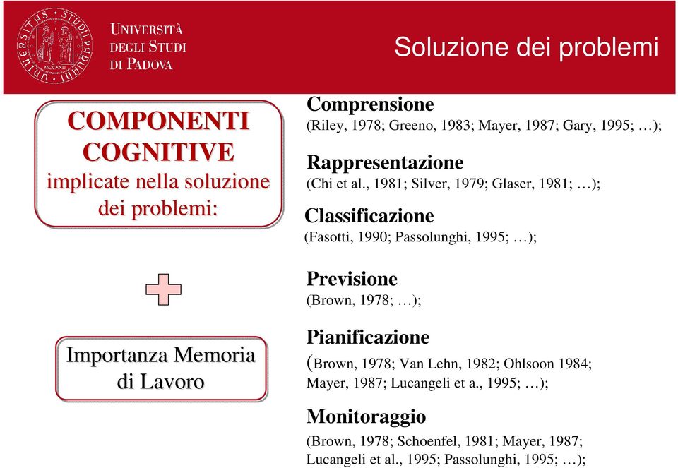 , 1981; Silver, 1979; Glaser, 1981; ); Classificazione (Fasotti, 1990; Passolunghi, 1995; ); Previsione (Brown, 1978; ); Importanza