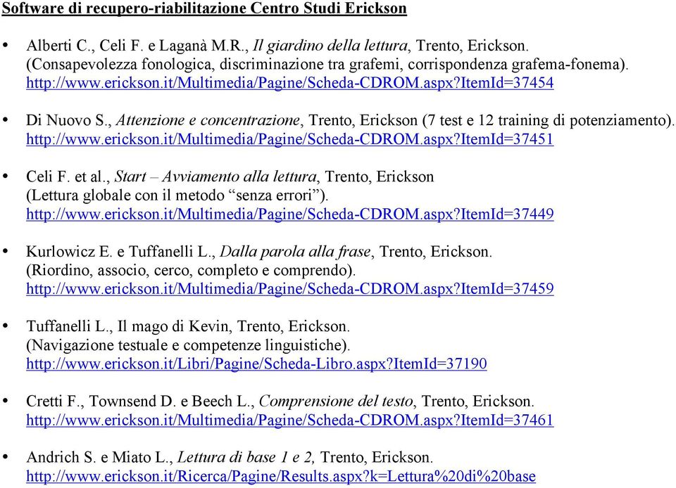, Attenzione e concentrazione, Trento, Erickson (7 test e 12 training di potenziamento). http://www.erickson.it/multimedia/pagine/scheda-cdrom.aspx?itemid=37451 Celi F. et al.