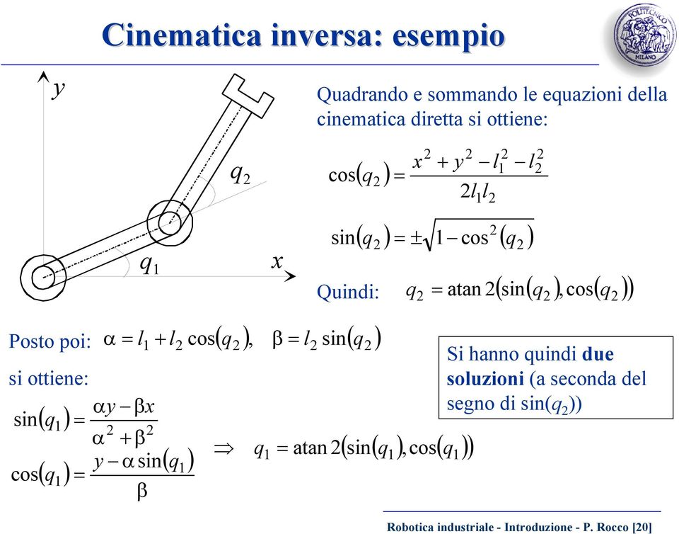 sin ( q ) 1 q 1 = atan = x + y l l l 1 1 l ( q ) = ± 1 ( q ) cos q = ( sin( q ),cos( q )) 1 Robotica industriale -