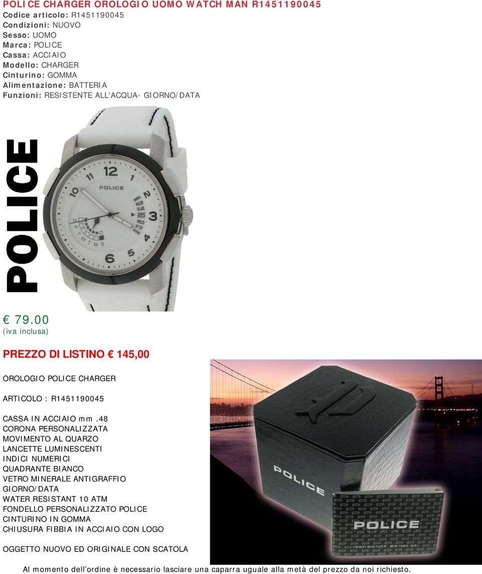 00 PREZZO DI LISTINO 145,00 OROLOGIO POLICE CHARGER ARTICOLO : R1451190045 CASSA IN ACCIAIO mm.