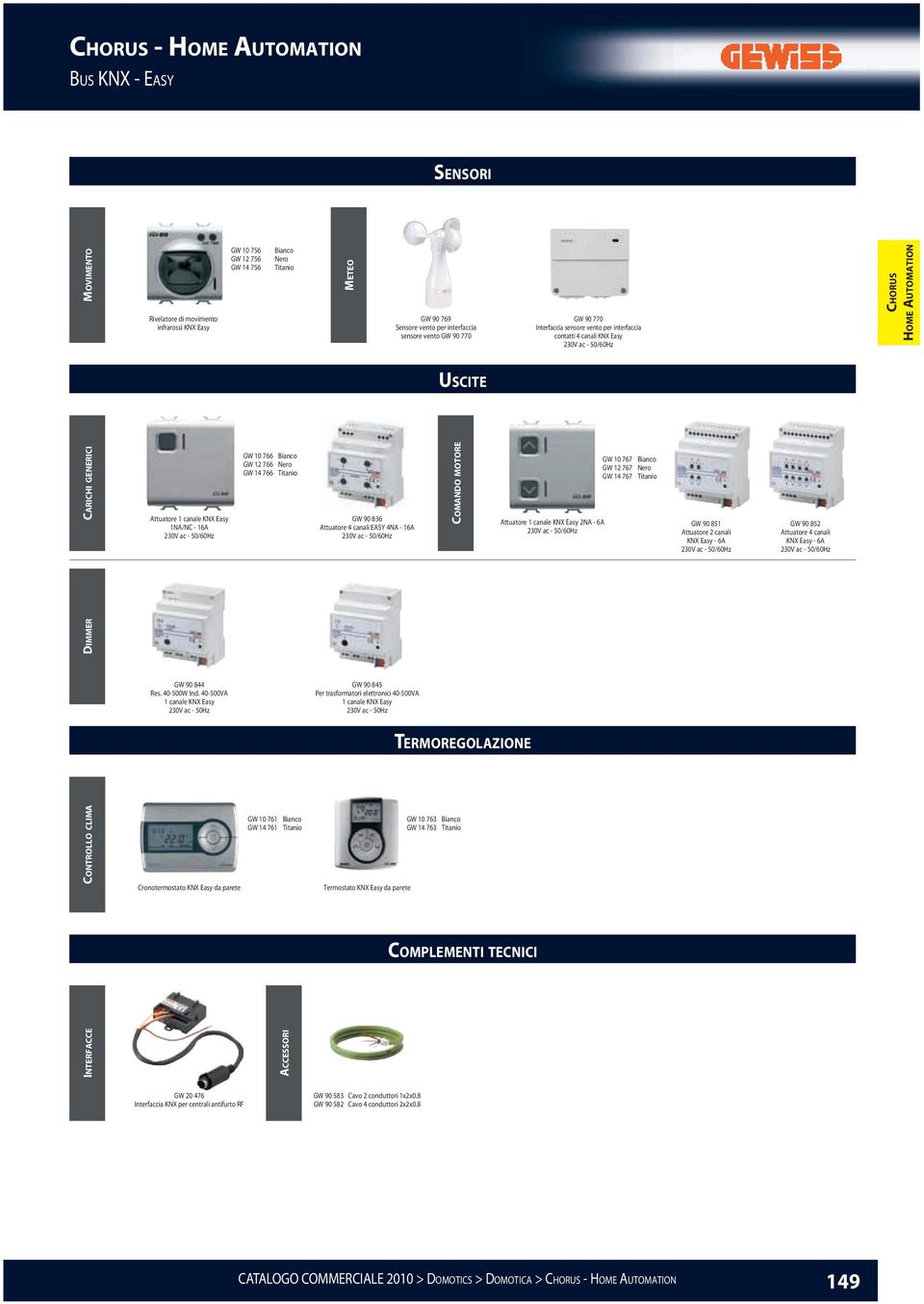 90 836 Attuatore 4 canali EASY 4NA - 16A GW 90 851 Attuatore 2 canali KNX Easy - 6A GW 90 852 Attuatore 4 canali KNX Easy - 6A Te r m o r e g o l a z i o n e Complementi tecnici Int e r f a c c e Acc