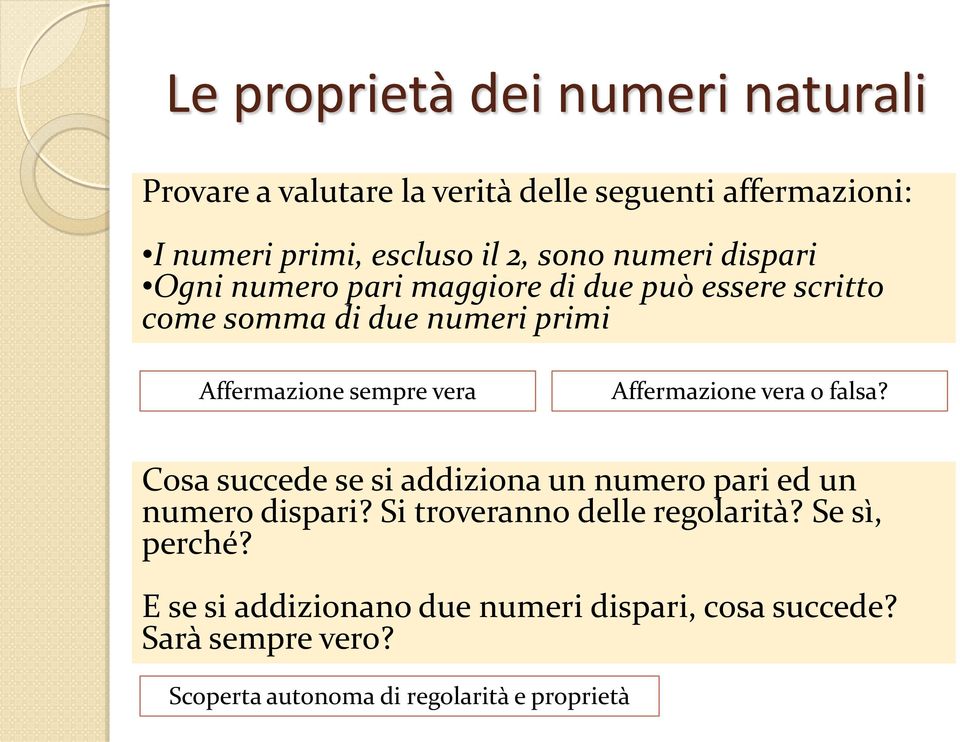 Affermazione vera o falsa? Cosa succede se si addiziona un numero pari ed un numero dispari? Si troveranno delle regolarità?