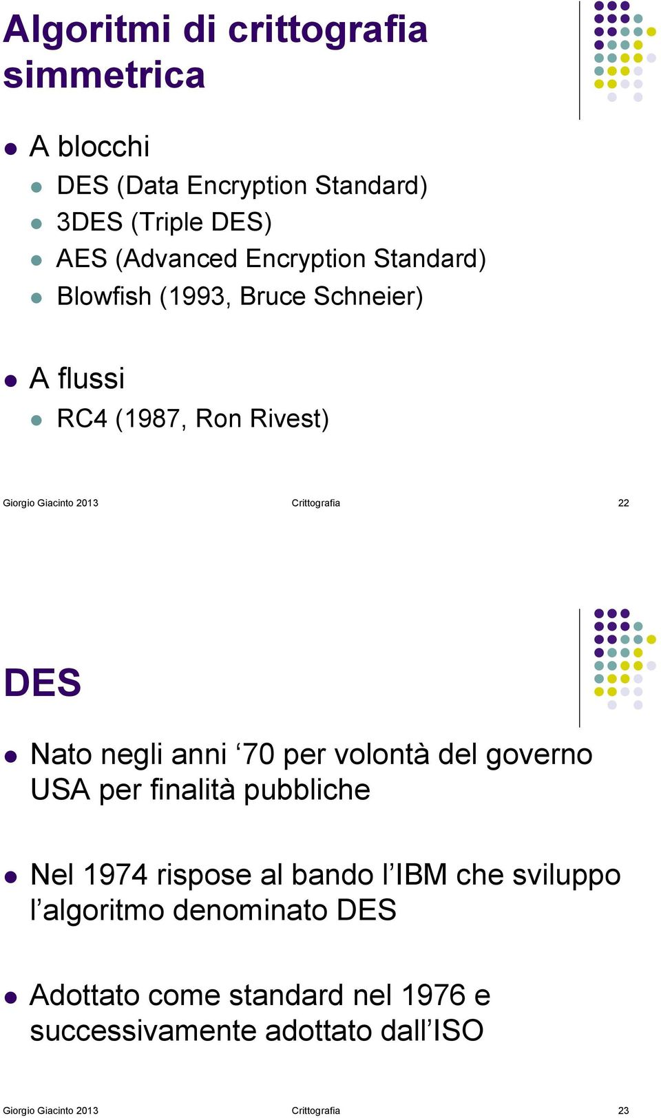 RC4 (1987, Ron Rivest) Giorgio Giacinto 2013 Crittografia 22 DES!