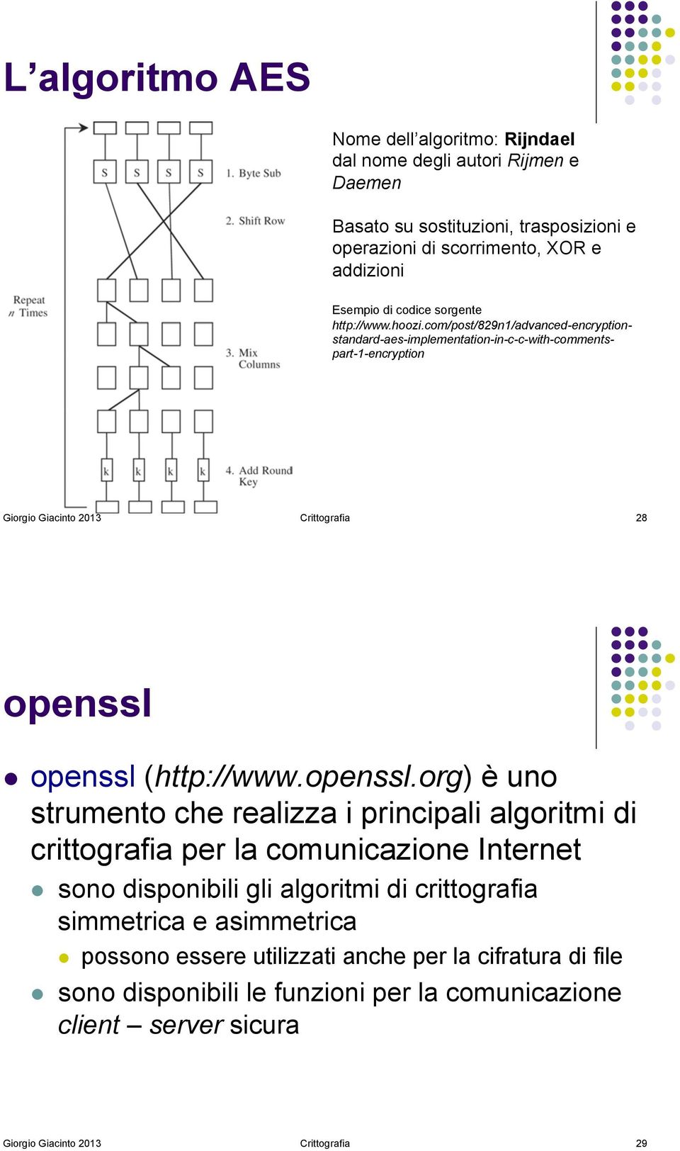 openssl (http://www.openssl.org) è uno strumento che realizza i principali algoritmi di crittografia per la comunicazione Internet!
