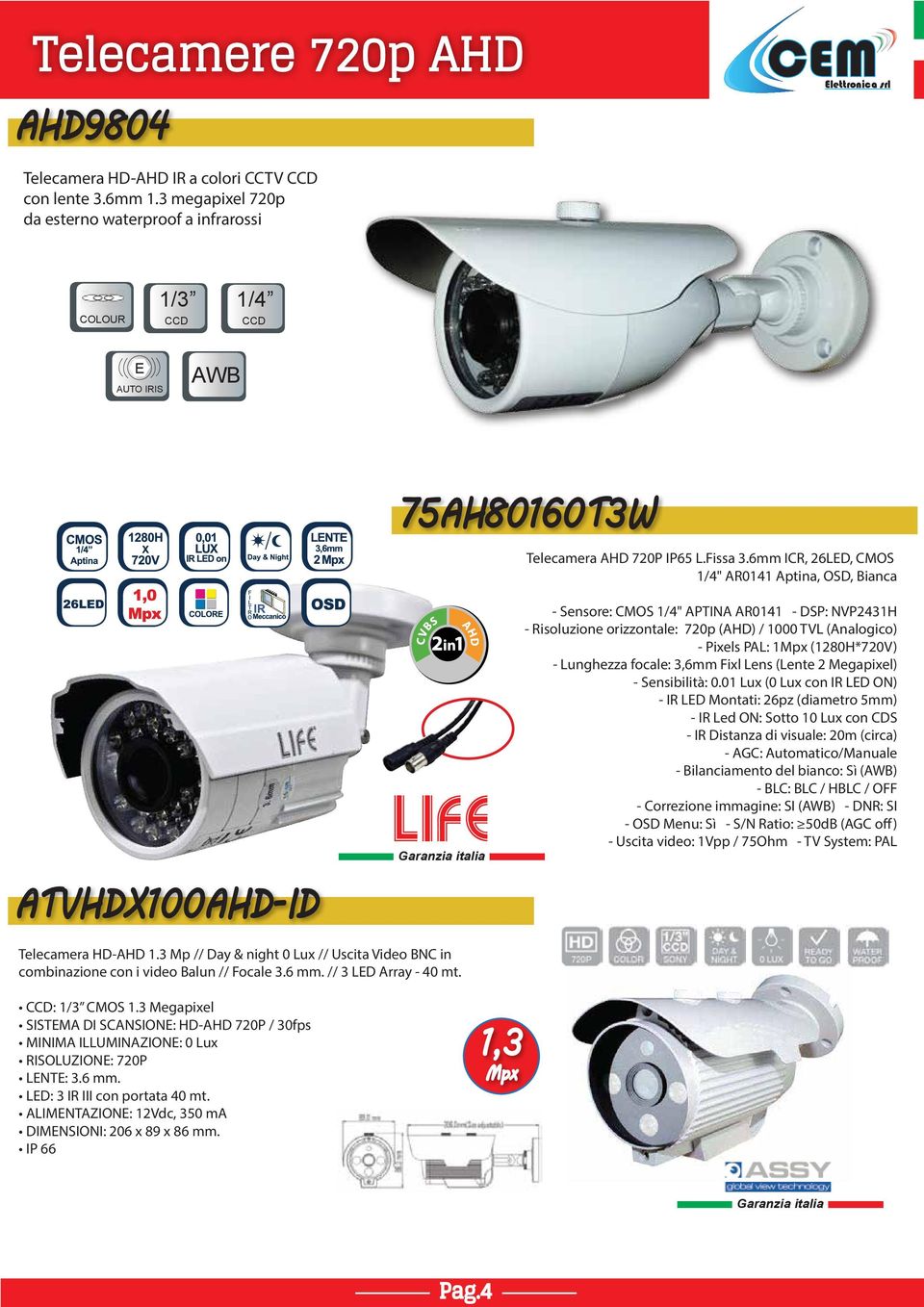 6mm ICR, 26LED, CMOS 1/4" AR0141 Aptina, OSD, Bianca ATVHDX100AHD-ID - Sensore: CMOS 1/4" APTINA AR0141 - DSP: NVP2431H - Risoluzione orizzontale: 720p (AHD) / 1000 TVL (Analogico) - Pixels PAL: 1