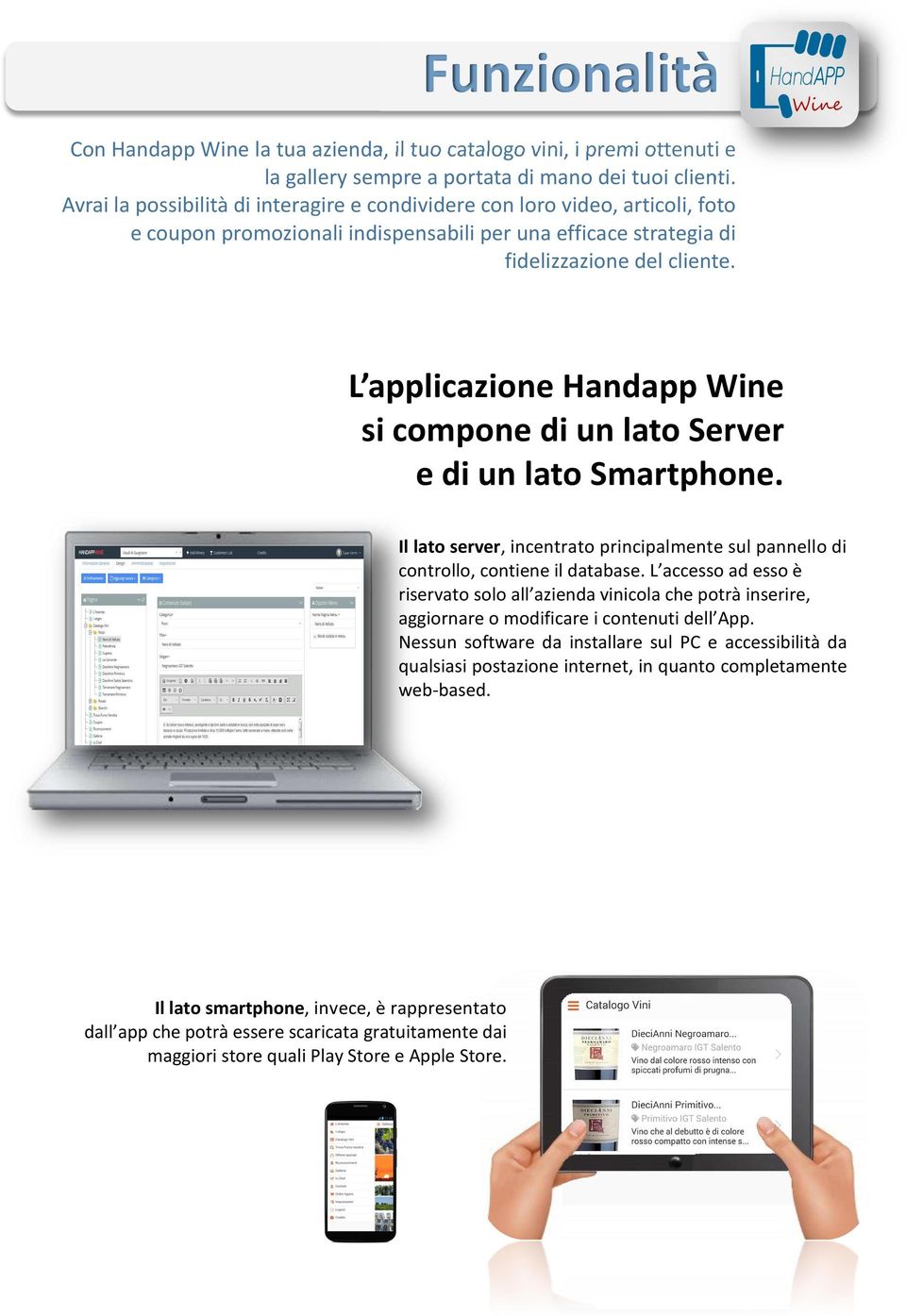 L applicazione Handapp Wine si compone di un lato Server e di un lato Smartphone. Il lato server, incentrato principalmente sul pannello di controllo, contiene il database.
