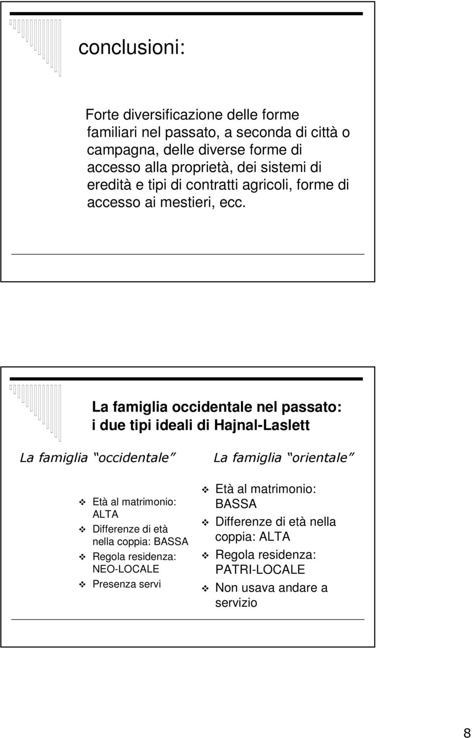 La famiglia occidentale nel passato: i due tipi ideali di Hajnal-Laslett La famiglia occidentale La famiglia orientale Età al matrimonio: ALTA