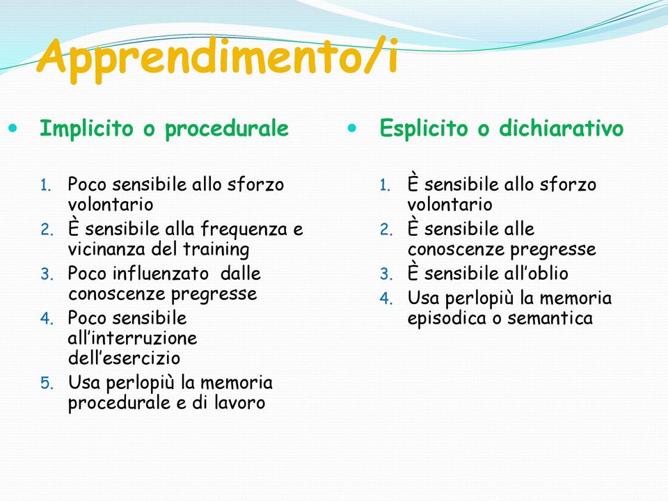 Poco sensibile all interruzione dell esercizio 5. Usa perlopiù la memoria procedurale e di lavoro 1.