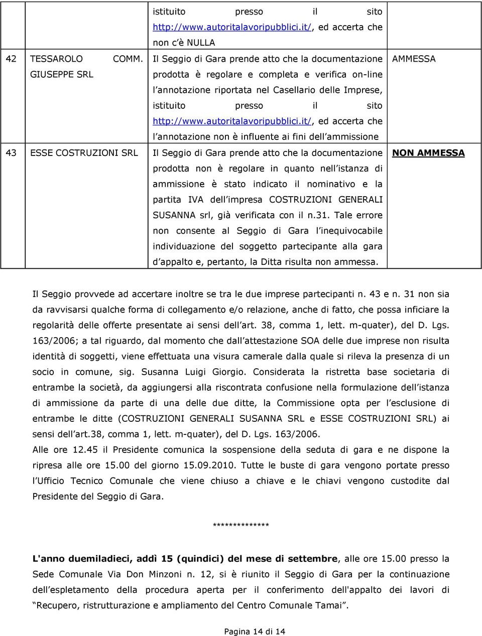 ammissione è stato indicato il nominativo e la partita IVA dell impresa COSTRUZIONI GENERALI SUSANNA srl, già verificata con il n.31.