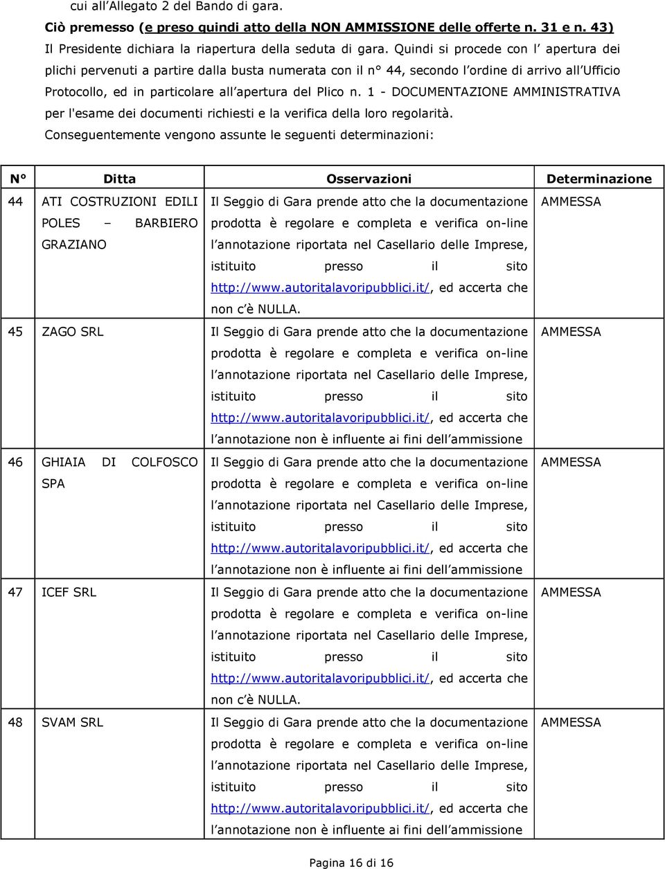 1 - DOCUMENTAZIONE AMMINISTRATIVA per l'esame dei documenti richiesti e la verifica della loro regolarità.