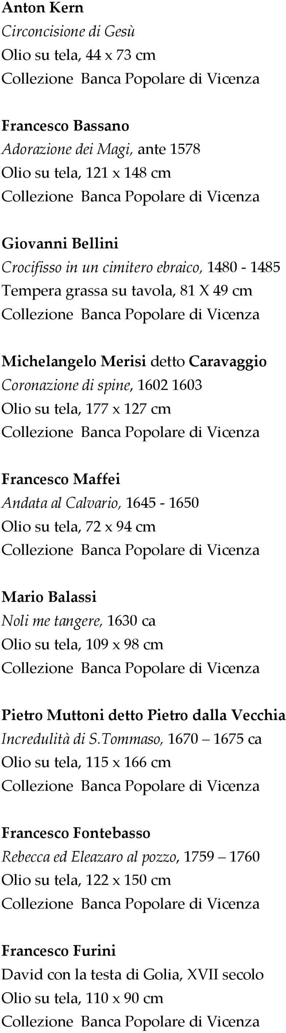 1650 Olio su tela, 72 x 94 cm Mario Balassi Noli me tangere, 1630 ca Olio su tela, 109 x 98 cm Pietro Muttoni detto Pietro dalla Vecchia Incredulità di S.