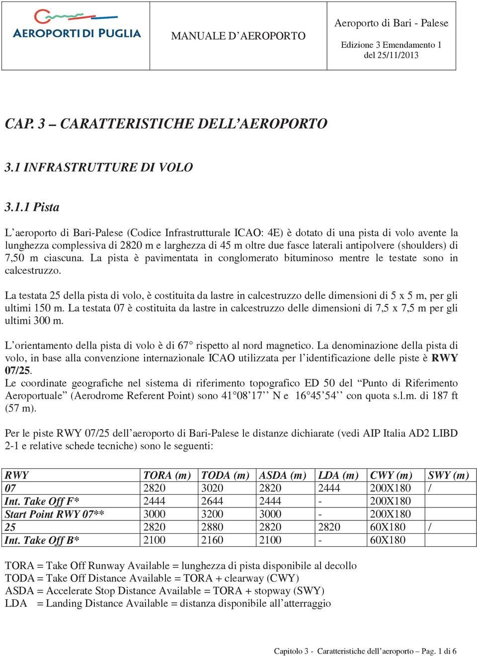 complessiva di 2820 m e larghezza di 45 m oltre due fasce laterali antipolvere (shoulders) di 7,50 m ciascuna. La pista è pavimentata in conglomerato bituminoso mentre le testate sono in calcestruzzo.