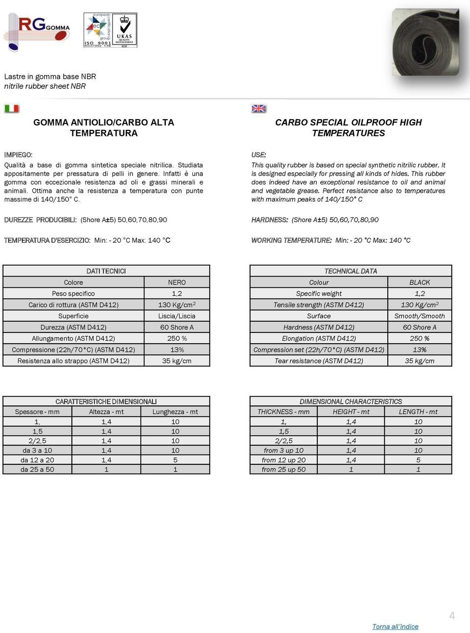 DUREZZE PRODUCIBILI: (Shore A±5) 50,60,70,80,90 TEMPERATURA D'ESERCIZIO: Min: - 20 C Max: 140 C CARBO SPECIAL OILPROOF HIGH TEMPERATURES This quality rubber is based on special synthetic nitrilic