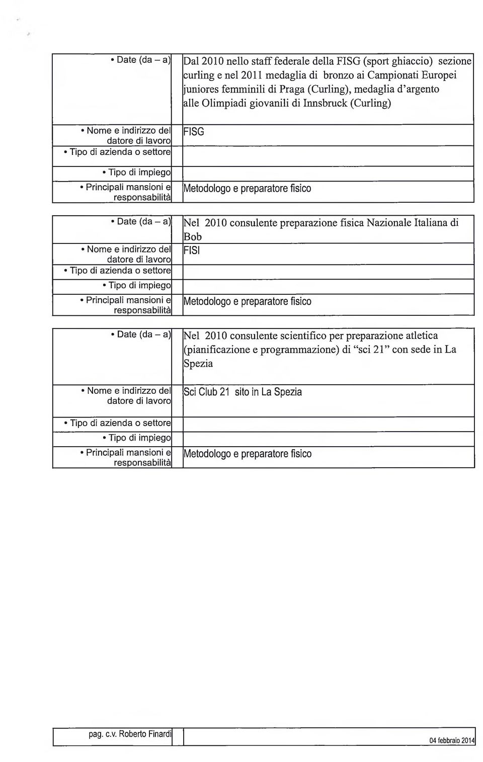 z ie n d a o s e tto re Nel 2010 consulente preparazione fisica Nazionale Italiana di Bob FISI Nel 2010 consulente scientifico per