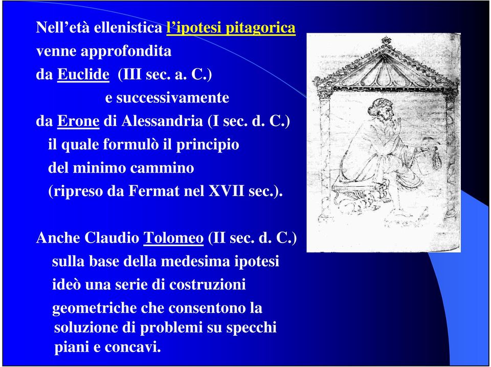 ) il quale formulò il principio del minimo cammino (ripreso da Fermat nel XVII sec.). Anche Claudio Tolomeo (II sec.