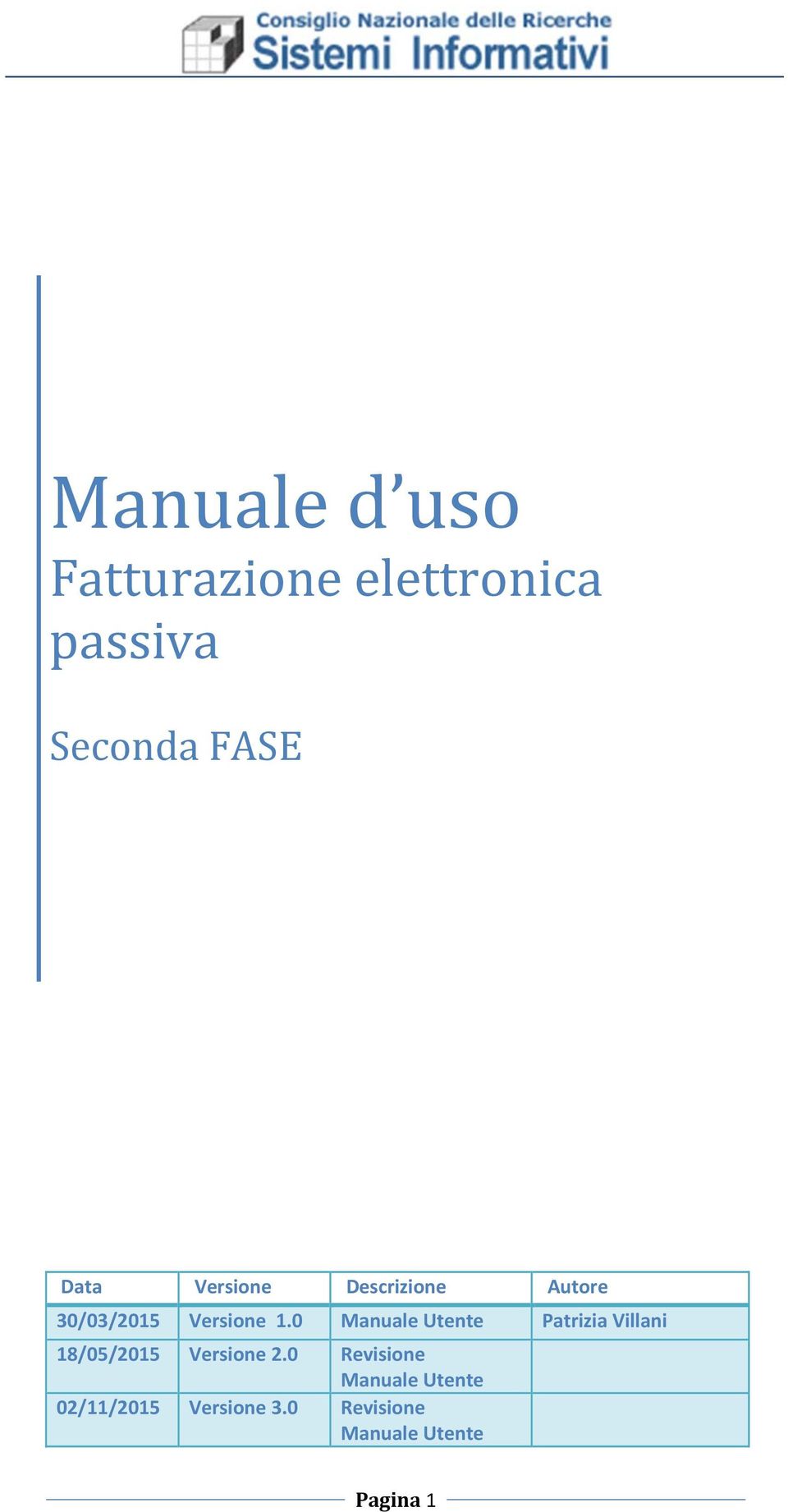 0 Manuale Utente Patrizia Villani 18/05/2015 Versione 2.